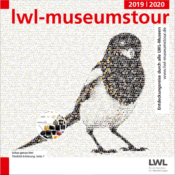 Titelbild der LWL-Museumstour 2019/2020: Eine Elster zusammengesetzt aus vielen kleinen Einzelmotiven